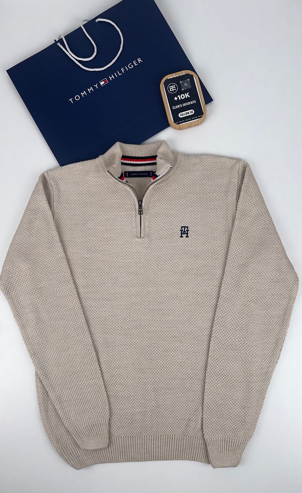 Pull TH en coton piqué demi-zippé