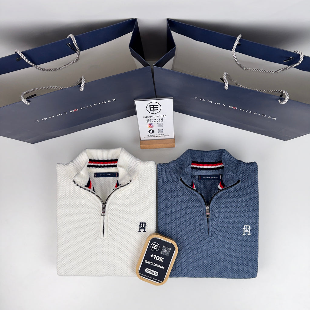 Pull TH en coton piqué demi-zippé