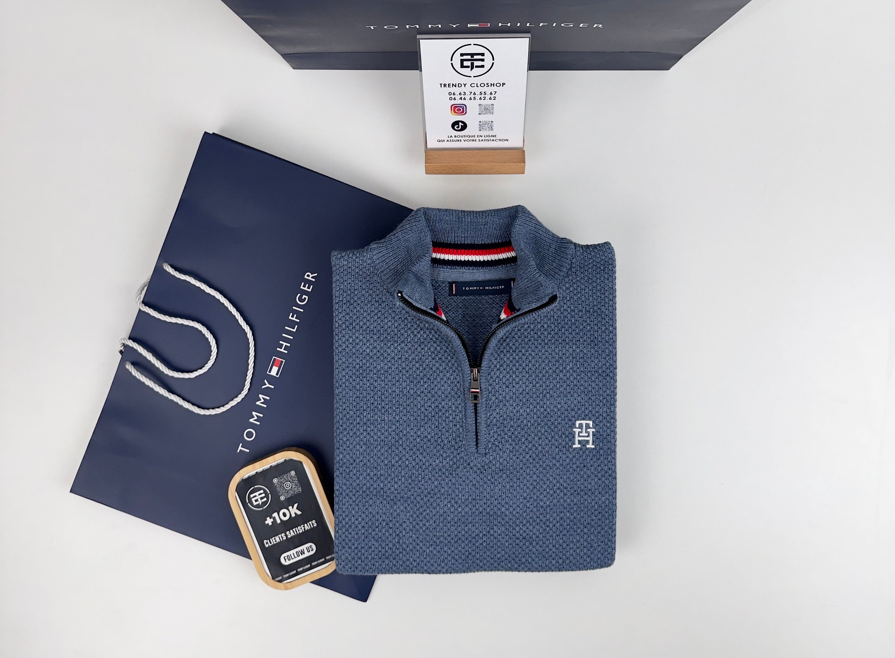 Pull TH en coton piqué demi-zippé