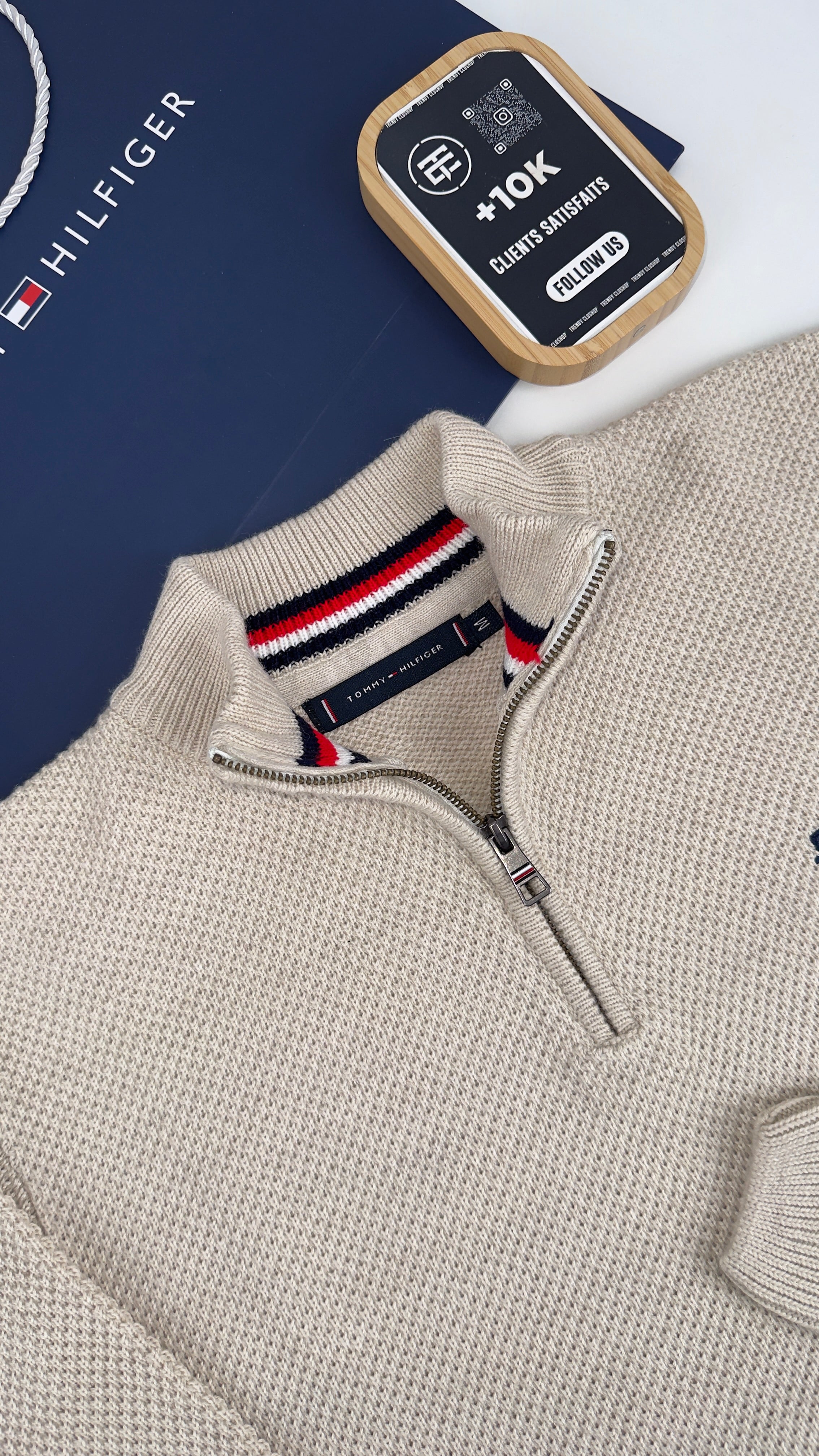 Pull TH en coton piqué demi-zippé