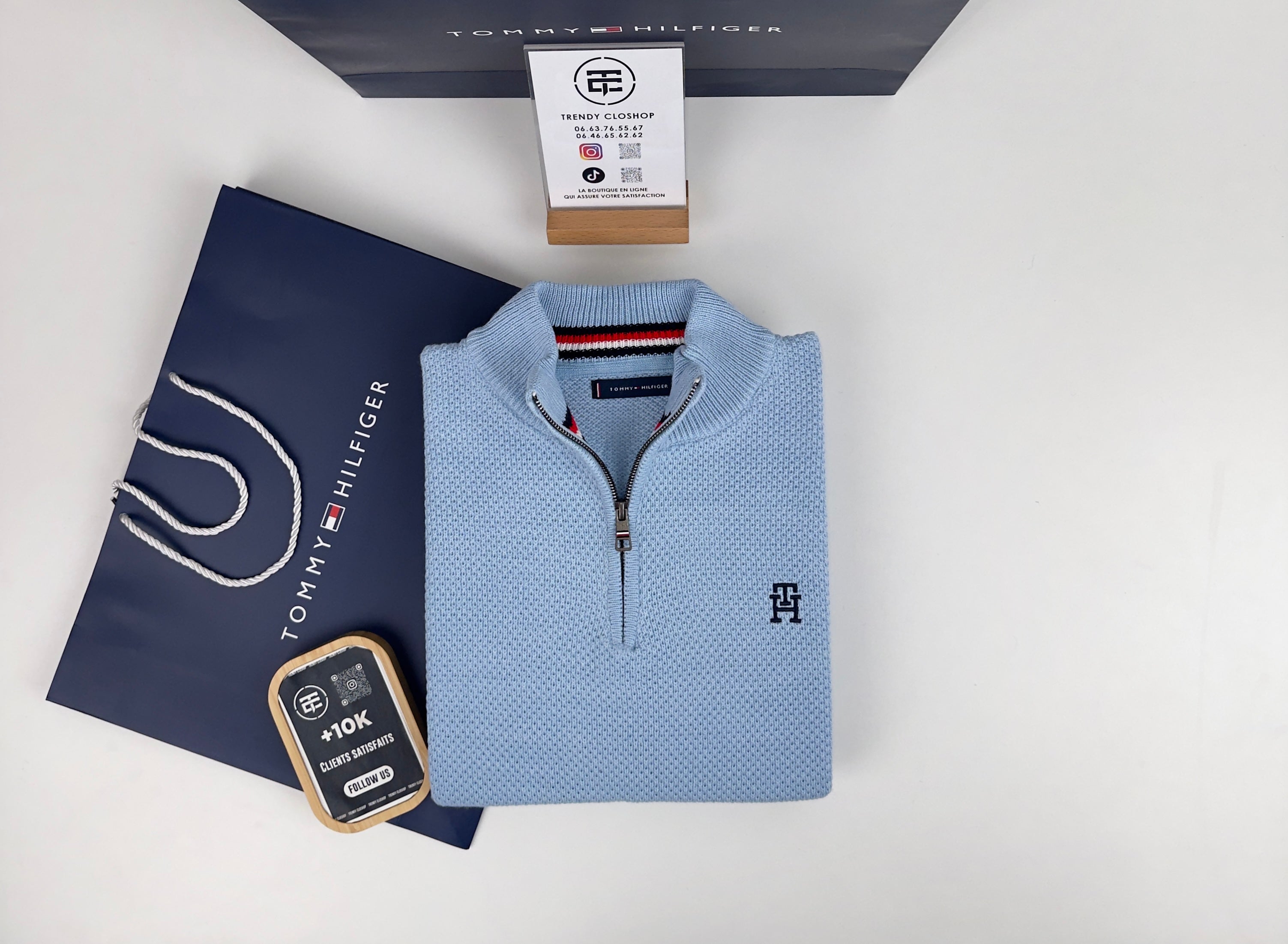 Pull TH en coton piqué demi-zippé