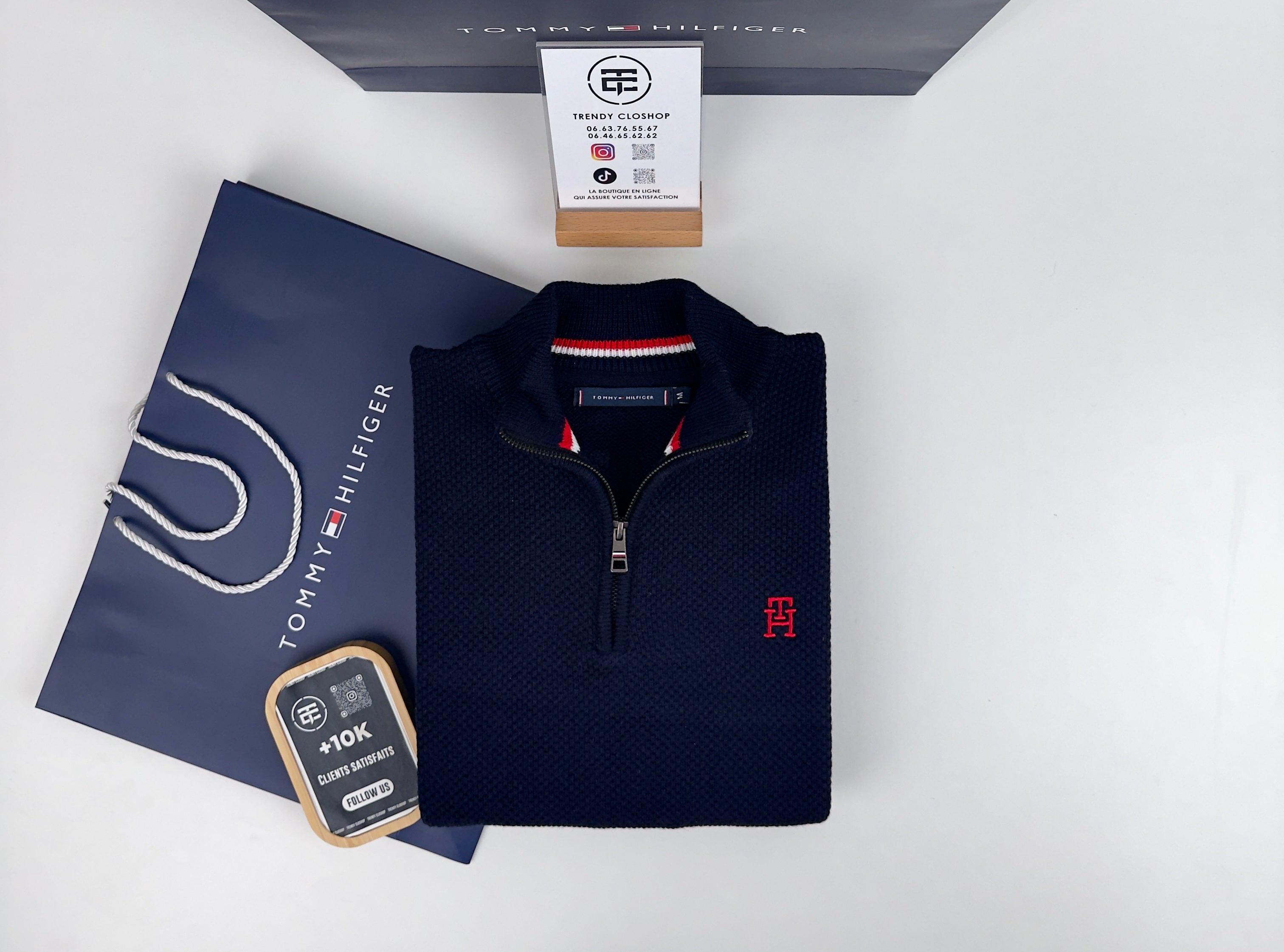 Pull TH en coton piqué demi-zippé