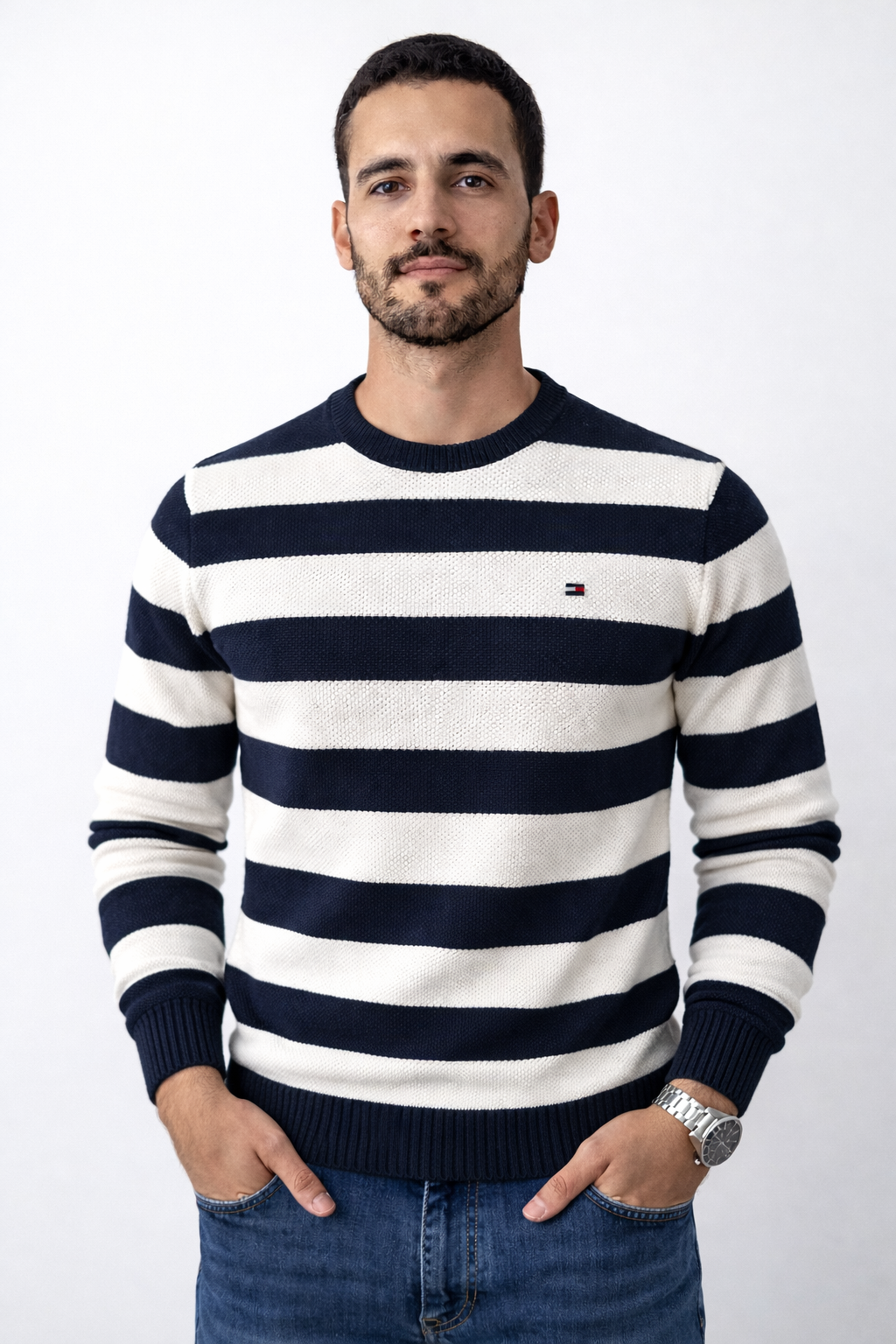 Pull à rayures Tommy Hilfiger en coton piqué à col ras du cou