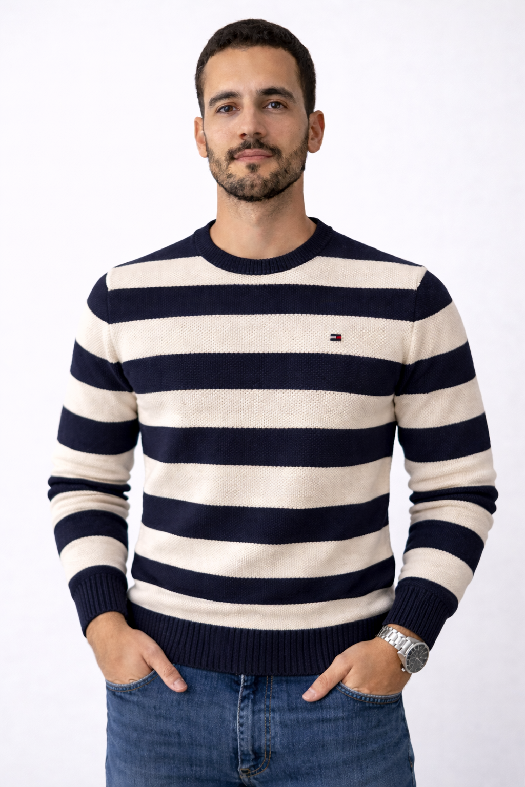 Pull à rayures Tommy Hilfiger en coton piqué à col ras du cou