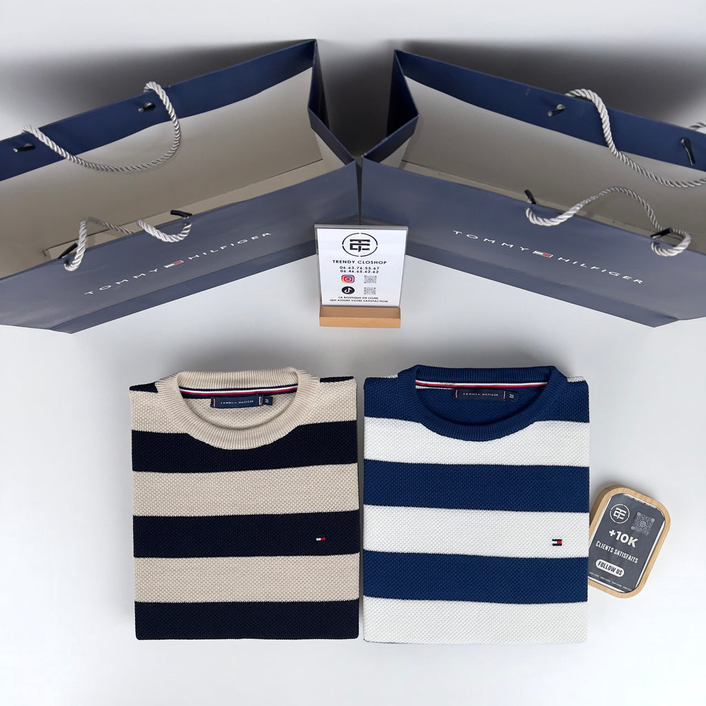 Pull à rayures Tommy Hilfiger en coton piqué à col ras du cou